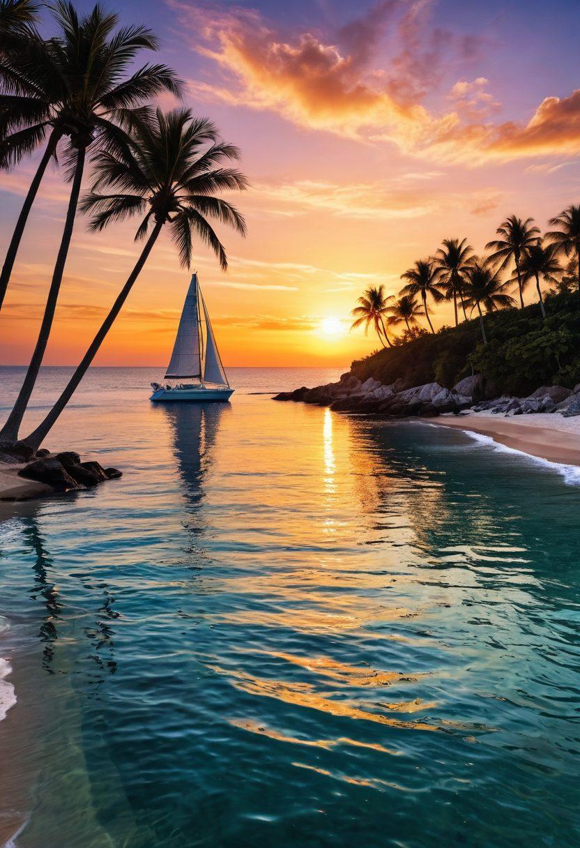 A serene coastal scene with a luxurious yacht sailing smoothly on crystal-clear waters, surrounded by gentle waves and a vibrant sunset. Include visual elements representing yacht insurance, like shields or documents, subtly integrated into the scene, along with relaxing beach elements like palm trees and marine life. The atmosphere should evoke a sense of adventure and peace. super-realistic. vibrant colors. tranquil setting.