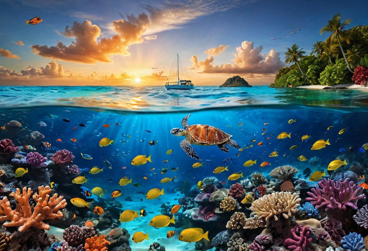 A serene marine landscape featuring a vibrant coral reef teeming with colorful fish, with a sailor in a small boat observing the underwater world through clear water. The backdrop includes a distant island and a vibrant sunset casting golden hues over the ocean. Incorporate elements like marine conservation icons (e.g., sea turtles, nets) subtly integrated into the scenery. super-realistic. vibrant colors. 3D.
