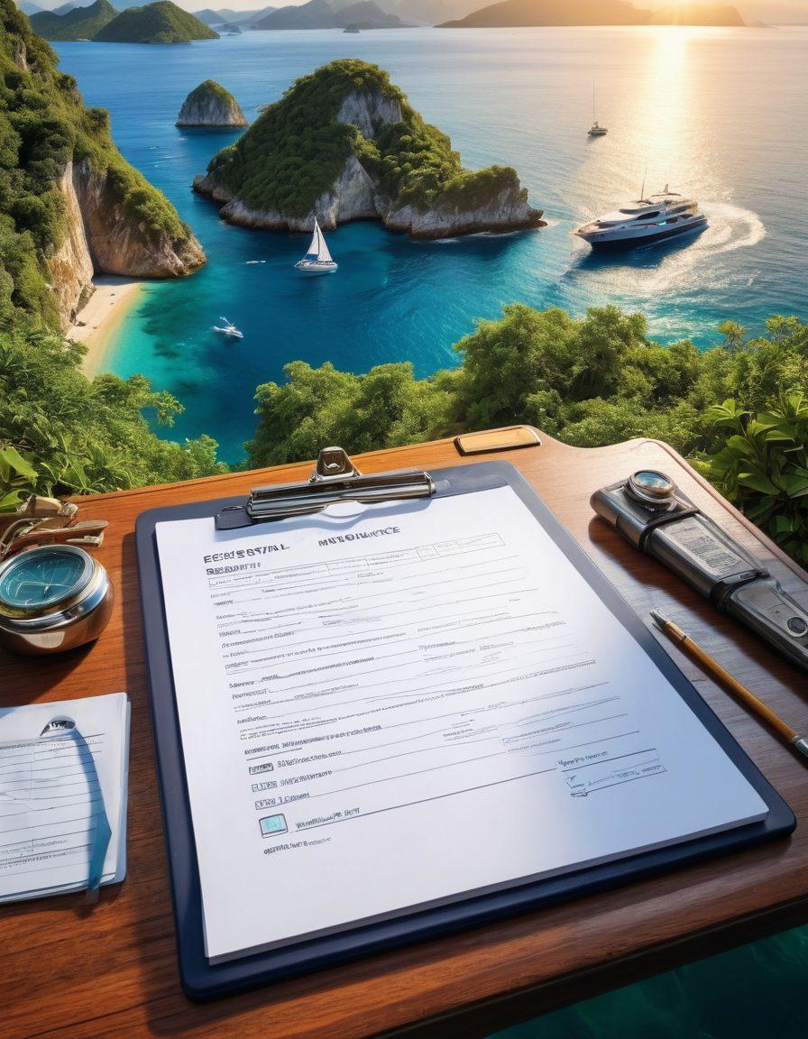 A stunning yacht gliding through crystal-clear blue waters, framed by lush green islands in the background. On one side, a clipboard with a checklist titled 'Essential Insurance' and nautical tools scattered around, symbolizing preparedness. A bright sun setting on the horizon casts warm golden tones across the scene, evoking a sense of adventure and security. super-realistic. vibrant colors. 3D.